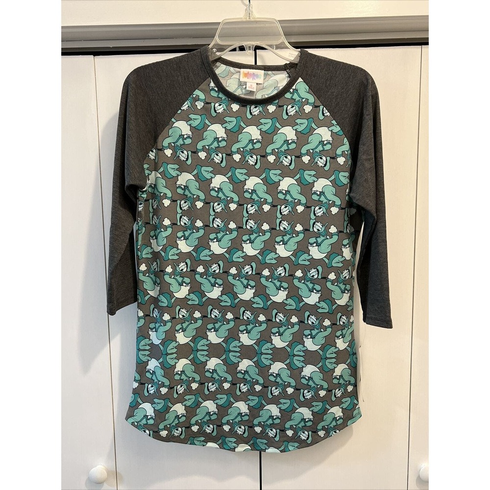 NEW Lularoe Womens Randy 3/4 Sleeve Shirt Disney Donald Duck GRAY/GREEN SMALL